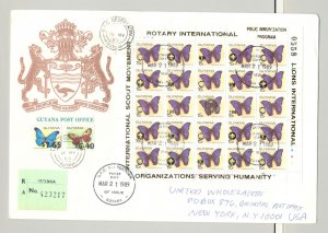 Guyana 1989 15¢ Butterflies M/S of 25 Gold o/p on Registered Commercial Cover