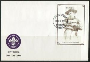 Uganda, Scott cat. 1586. Chile World Scout Jamboree s/sheet. First day cover. ^