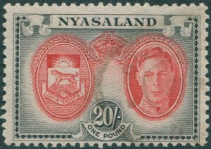 Nyasaland 1945 SG157 20/- scarlet and black KGVI Arms FU