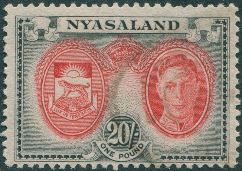 Nyasaland 1945 SG157 20/- scarlet and black KGVI Arms FU