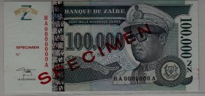 Zaire P-77a unc. banknote/ Specimen