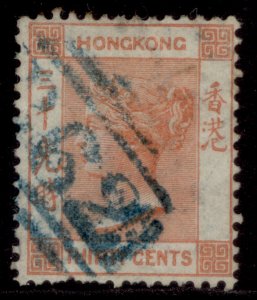 HONG KONG QV SG15a, 30c orange-vermilion, USED. Cat £17. WMK CC