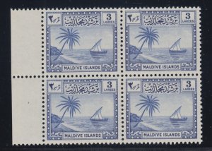 Maldive Islands Sc 21 MNH. 1950 3l Palm & Dhow, Sheet Margin Block of 4