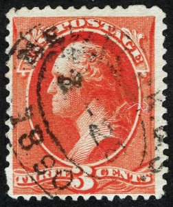 US Sc 214 Vermillion 3¢ 1887 ABNCo. Black Double Rim BOSTON 1890 Oval Cancel