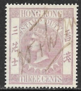 HONG KONG 1885 QV 3c STAMP DUTY Revenue BFT. 16 VFU