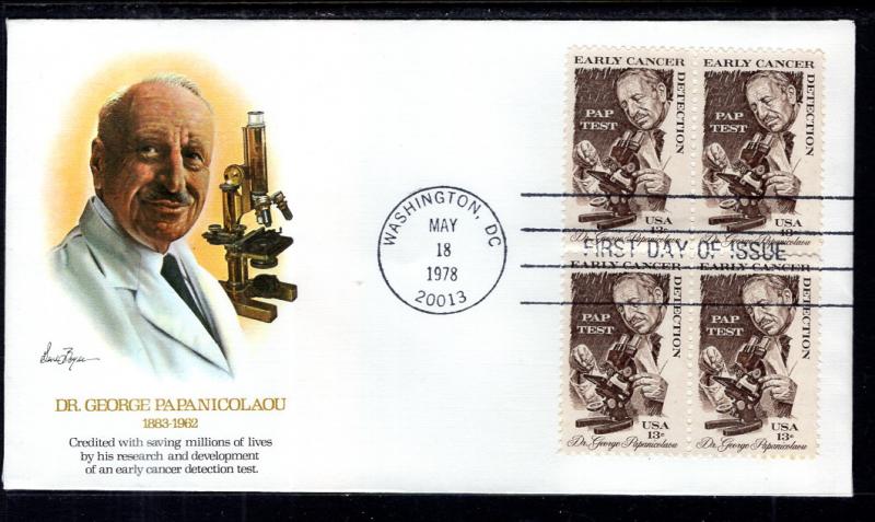 US 1754 Dr Papanicolaou Block of Four Fleetwood U/A FDC