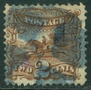 EDW1949SELL : USA 1869 Scott #113 VF, Used. Scarce Blue cancel. Catalog $125.00.