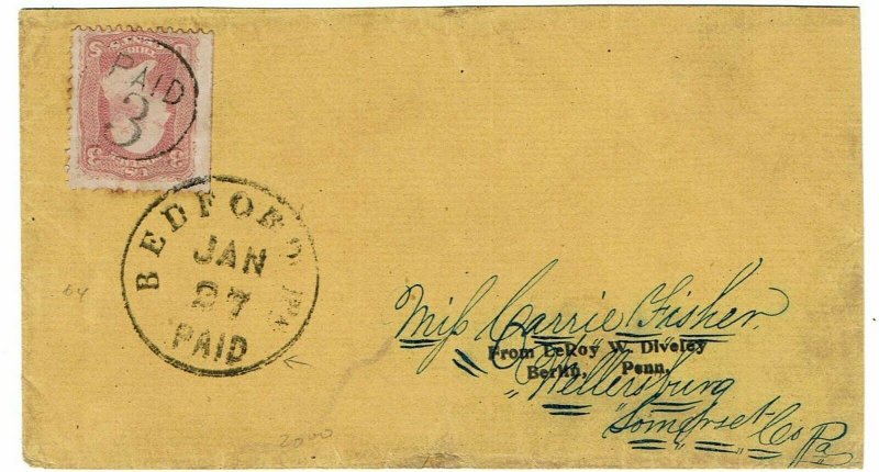 1860's Bedford, PA PAID 3 cancel on cover, 3c rose pink, Scott 64b, PF cert