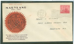 US 736 1934 3c Maryland Tercentenary (Ships Of Lord Baltimore) single on an address of a first day cover with a Kapner First Cac