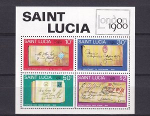 SA09a St Lucia 1980 London '80 Stamp Exhibition -Stamps on Stamps minisheet