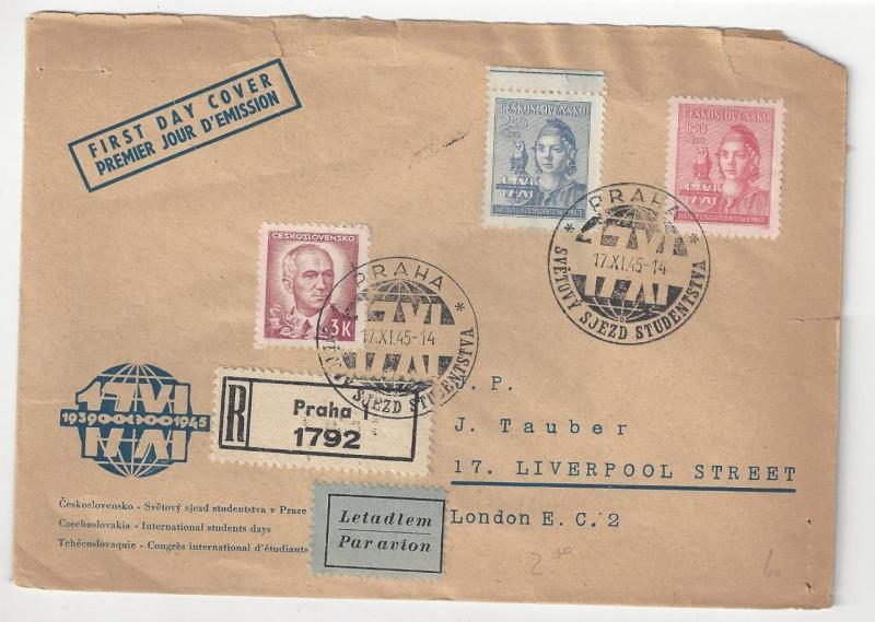 1945 Czechoslovakia To Britain Registered First Day Cover (No Back Flap) (YY147)