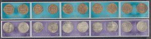 QATAR Sc # 921-2a-4 CPL MNH 2 STRIPS of 5 ANCIENT COINS