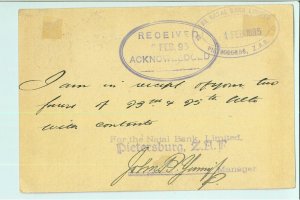 39964  South Africa -  POSTAL STATIONERY CARD from Pietersburg to CAPE TOWN 1895