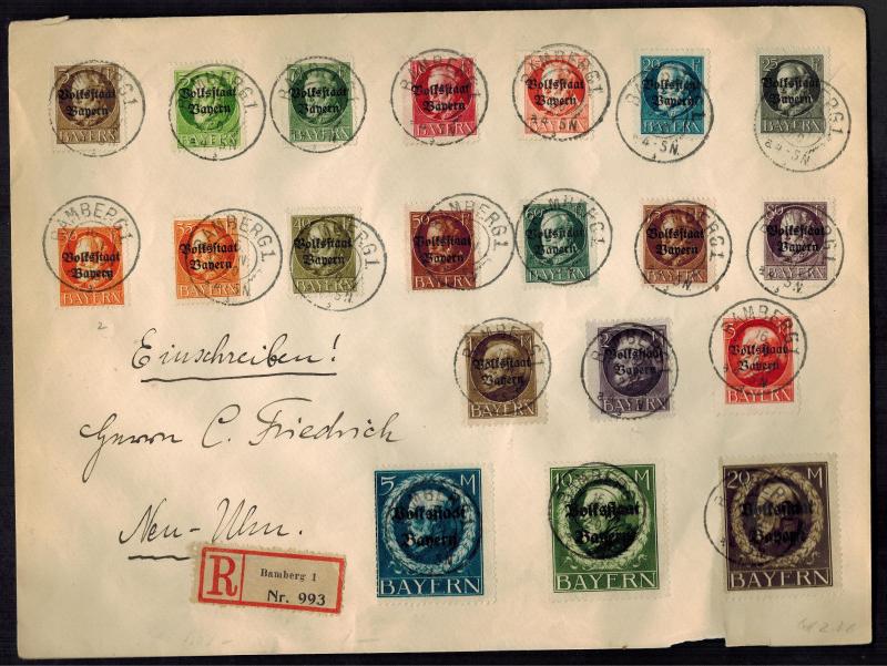 1920 Bamberg Bavaria Oversize Cover to Neu Ulm # 136-155 Full Set Scarce