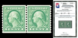 Scott 490 1916 1¢ Washington Coil Mint Pair Graded XF-Sup 95 NH with PSE CERT