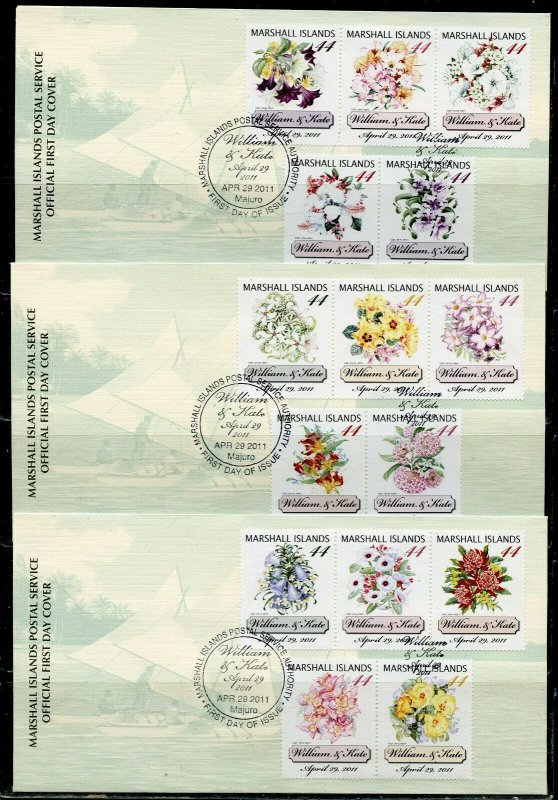 MARSHALL ISLANDS 2011 WILLIAM & KATE ROYAL WEDDING SET ON 3  FIRST DAY COVERS 