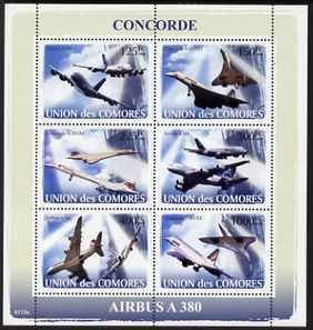 COMORO IS - 2008 - Concorde & Airbus - Perf 6v Sheet - MNH