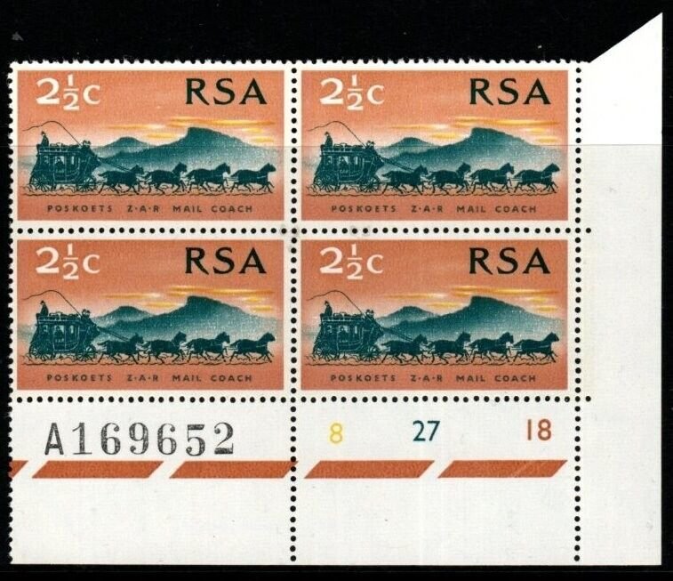 SOUTH AFRICA SG297 1969 CENTENARY OF FIRST STAMPS BLOCK OF 4 MNH