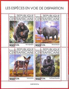 A1674 - CENTRAL AFRICAN R -ERROR: MISSPERF, MINIATURE S - 2019, Gorillas, Rhinos