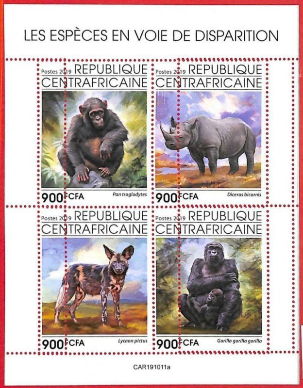 A1674 - CENTRAL AFRICAN R -ERROR: MISSPERF, MINIATURE S - 2019, Gorillas, Rhinos