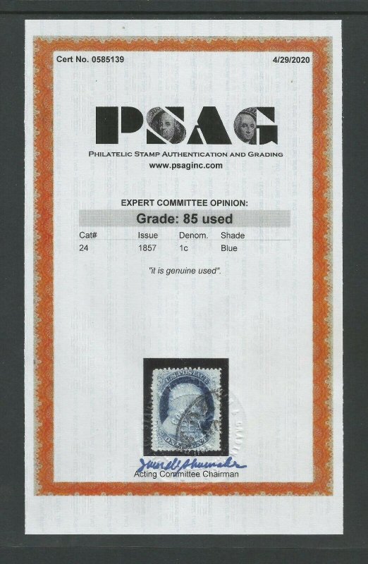 # 24, Used, VF/XF. PSAG graded 85 cert. CV $ 120.00