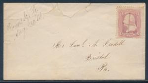 #64 3c 1861 PINK ON COVER TO BRISTOL, PA MINOR PERF FAULT W/ PFC CV $750 BU4238