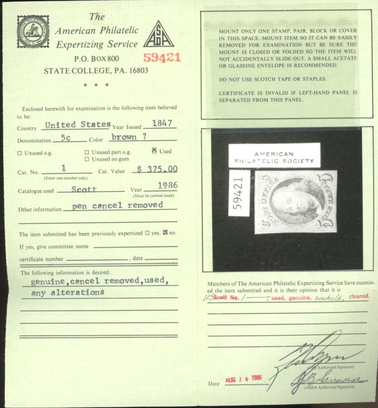 U.S. #1 USED WITH APS CERT
