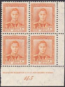 NEW ZEALAND GVI 2d plate block # 145 MNH....................................4125