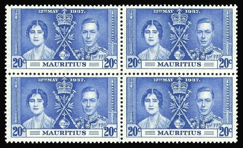 Mauritius 1937 KGVI Coronation 20c block LINE BY SCEPTRE var MNH. SG 251,251b.