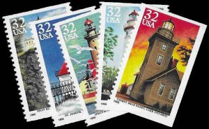 PCBstamps  US #2969-2973 Bk Sgls $1.60(5x32c)GL Lighthouse, MNH, (9)