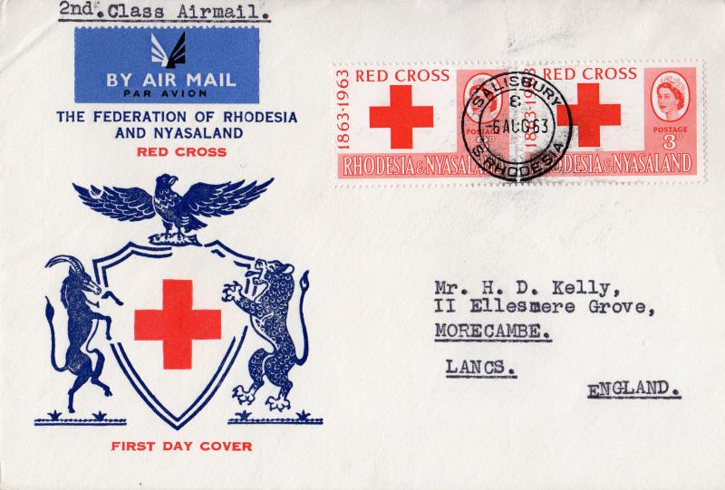 Rhodesia and Nyasaland 1963  Sc#188 Red Cross Pair Travel letter FDC