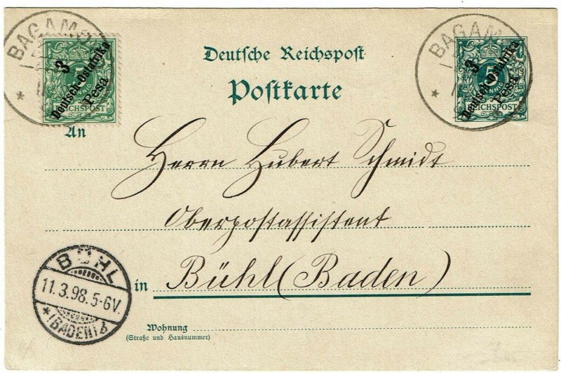 German East Africa 1898 Bagamoyo cancel on uprated postal card to Germany
