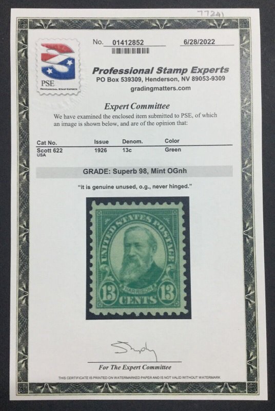 MOMEN: US STAMPS #622 MINT OG NH PSE GRADED CERT SUP-98 LOT #77241