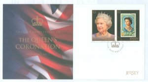 Jersey 1681 2013 60th Anniversary Of Queen Elizabeth II's Coronation, pair of L2 stamps on cacheted, unaddressed fd cover