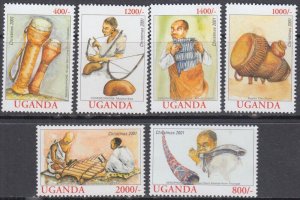 UGANDA Sc # 747-52 CPL MNH SET of 6 - CHRISTMAS 2001, NATIVE MUSICAL INSTRUMENTS