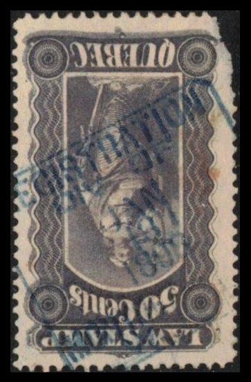 QUEBEC REVENUE 1893 VINTAGE 50c #QL36 SCARCE LAW STAMP CDS JAN 18 1896 C SCAN