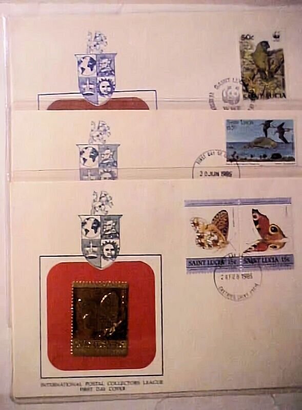 ST.LUCIA FDC GOLD FOIL 1980'S 3 DIFF