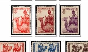 COLOR PRINTED MAURITANIA 1906-1944 STAMP ALBUM PAGES (15 illustrated pages)