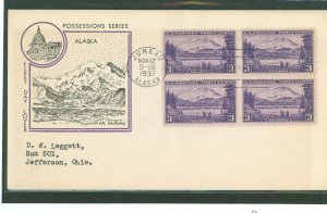 US 800 1937 3c Alaska (Part Of The US Possession Series) block of 4 on an addressed (typed) FDC with A Fidelity Cachet