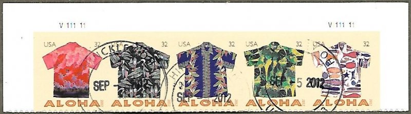 United States #4596a 32c Aloha Shirts USED str of 5 plate #V1111111 (2012)