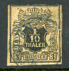 Germany 1851 Hanover 1/10 th Yellow Scott # 14 VFU Z813