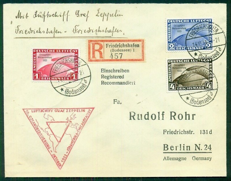 GERMANY, 1933, Complete set Zepp Ovpts (C43-5) on Chicago Flight cover, scarce