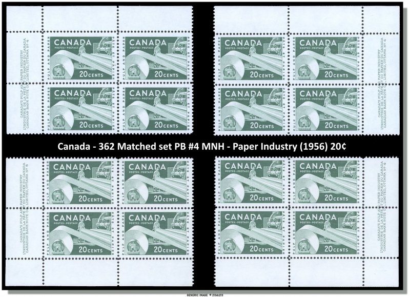 Canada - 362 Matched set PB #4 MNH - Paper Industry (1956) 20¢ - CV 48.00$