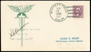 6/2/37, Pilot L A LAWSON Signed, US Army Airship TC-13 HER LAST FLIGHT J HULFF