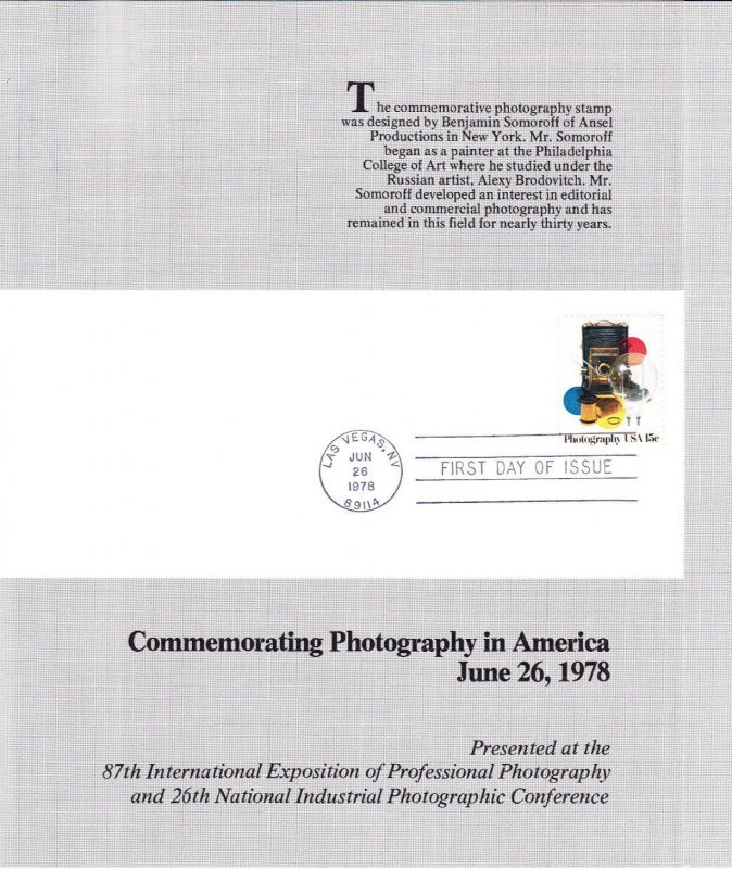 USPS 1st Day Ceremony Program #1758 Photography in America 1978 