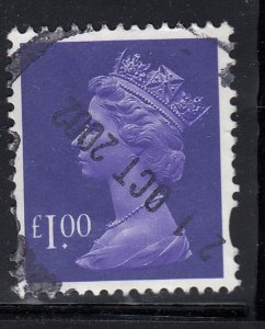 GB UK, Machin 1995 QE2  used £1.00 Bluish Violet(2 Bands)  Mi 1585, SG Y 1743