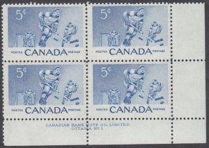 SCOTT  359   5¢ HOCKEY  MARGIN BLOCK OF 4  MINT NEVER HINGED