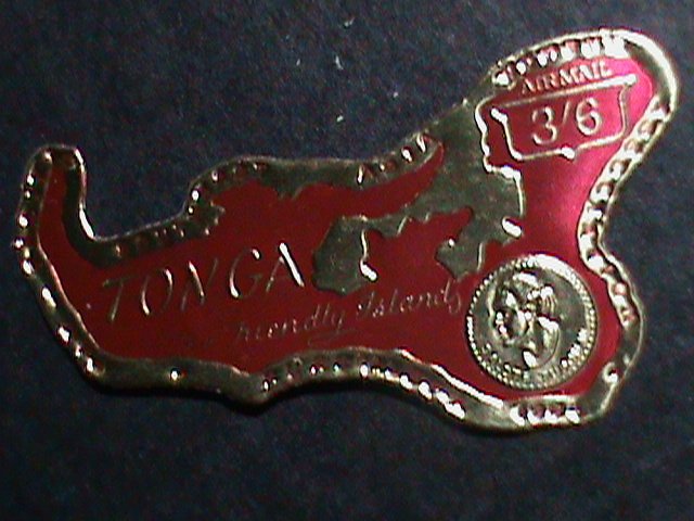 ​TONGA 1964 SC#C-9 GOLD REPLICA MAP SHAPE-CARMINE-3 SH 6 P-STAMP-MNH VERY FINE