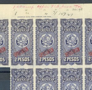 URUGUAY Revenue 2P High Value ABNCo Specimen 1896+ REGISTRATION SHEET Block 9ZS2