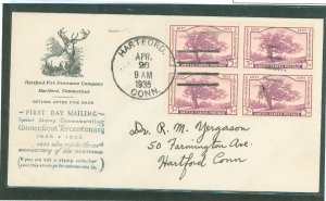 US 772 1935 3c Connecticut Tercentenary (Charter Oak) block of 4 on an addressed FDC with a Hartford Insurance Company Cachet, A